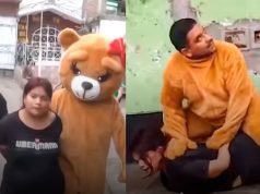 OSO AMOROSO EN ACCION: POLICIA SE DISFRAZA DE OSO DE SAN VALENTIN PARA CAPTURAR A MUJER QUE VENDEDORA DE DROGA EN SMP.(VIDEO)