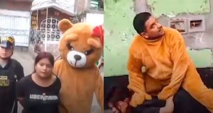 OSO AMOROSO EN ACCION: POLICIA SE DISFRAZA DE OSO DE SAN VALENTIN PARA CAPTURAR A MUJER QUE VENDEDORA DE DROGA EN SMP.(VIDEO)