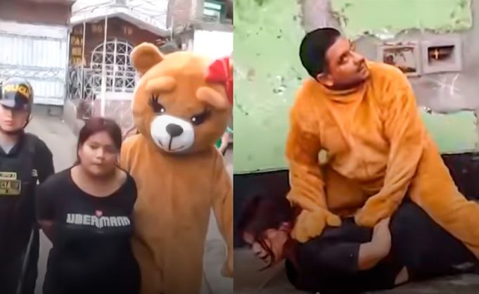 OSO AMOROSO EN ACCION: POLICIA SE DISFRAZA DE OSO DE SAN VALENTIN PARA CAPTURAR A MUJER QUE VENDEDORA DE DROGA EN SMP.(VIDEO)