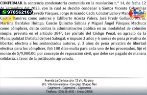 CONSEJERO REGIONAL DE CAJAMARCA SENTENCIADO A 3 AÑOS EFECTIVA