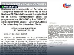 DECLARAN EN EMERGENCIA TRAMO VIAL CHIPLE – CUTERVO – COCHABAMBA