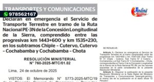 DECLARAN EN EMERGENCIA TRAMO VIAL CHIPLE – CUTERVO – COCHABAMBA