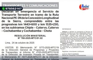 DECLARAN EN EMERGENCIA TRAMO VIAL CHIPLE – CUTERVO – COCHABAMBA