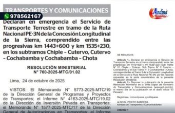 DECLARAN EN EMERGENCIA TRAMO VIAL CHIPLE – CUTERVO – COCHABAMBA